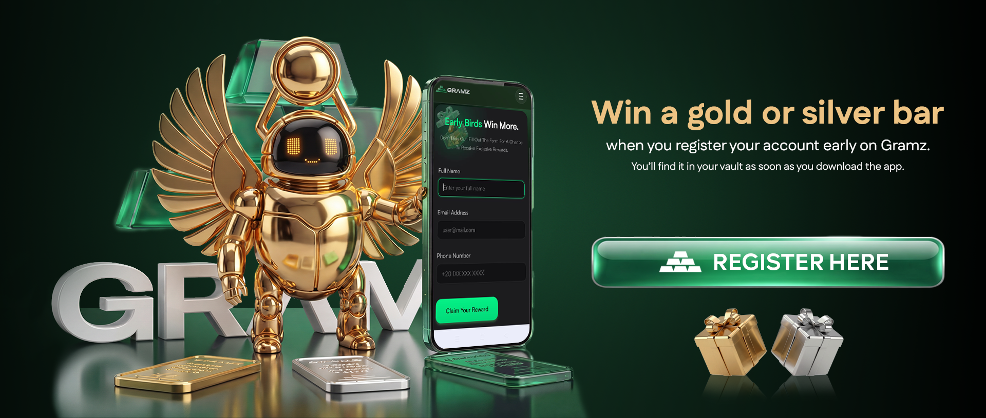 Gramz early registration offer featuring the Dipo mascot, mobile app registration screen, and gold and silver bars available to win.