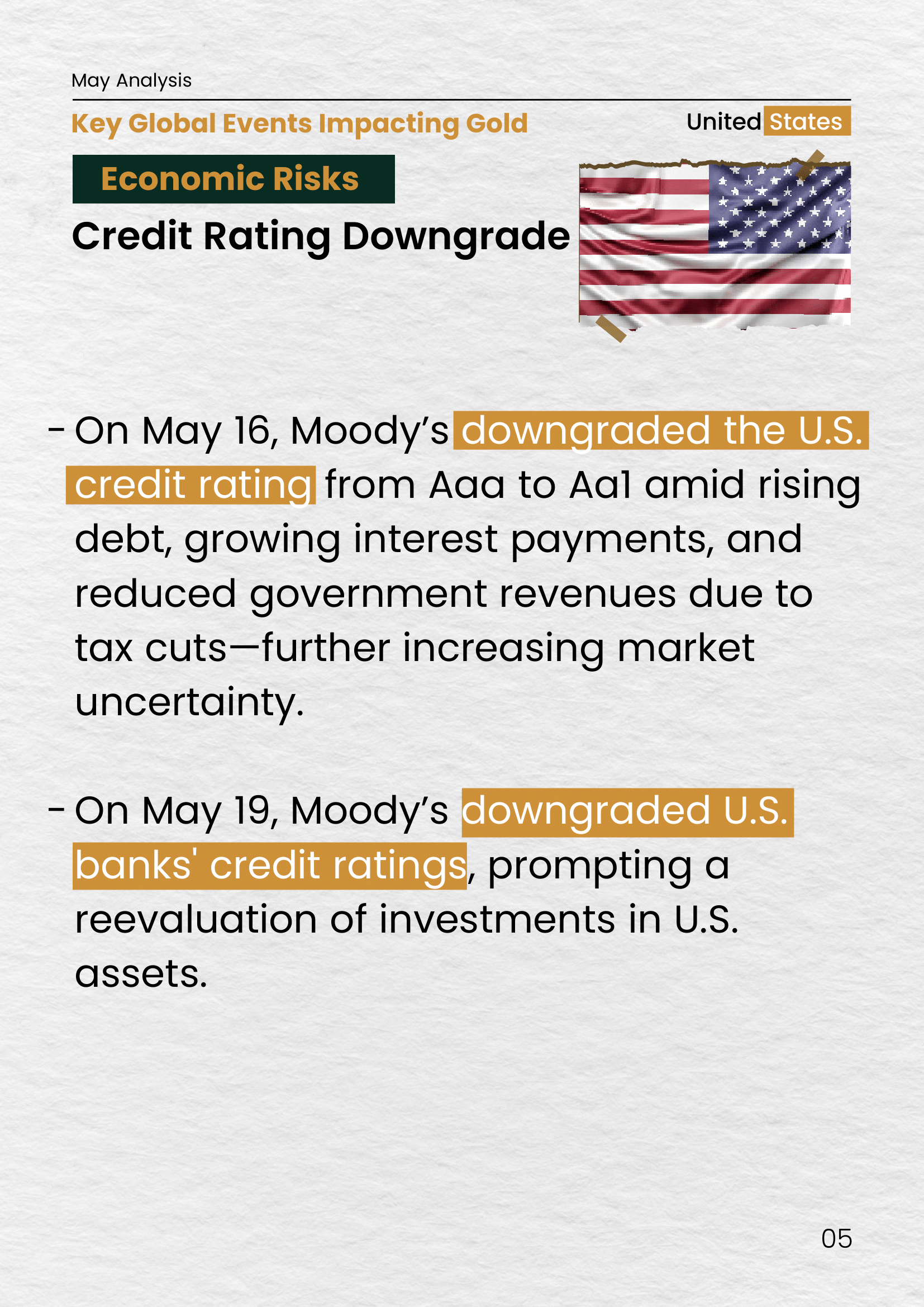U.S. flag image next to analysis text. On May 16, Moody’s downgraded the U.S. credit rating due to rising debt. On May 19, banks’ ratings were also downgraded, increasing uncertainty in investment markets.