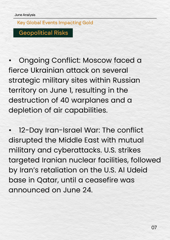 "Overview of the Russia–Ukraine conflict and the Iran–Israel war in June 2025, and their influence on gold as a safe-haven asset."