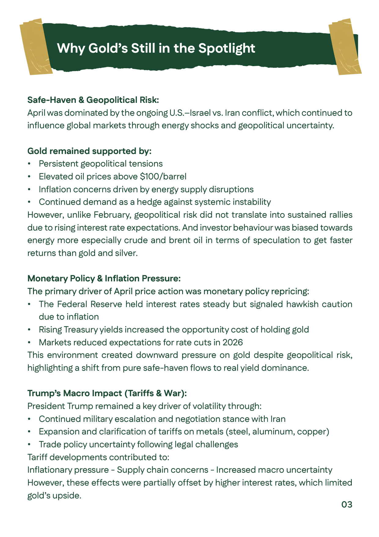 Slide explaining why gold remains in focus amid geopolitical risk and rising oil prices in April 2026.
