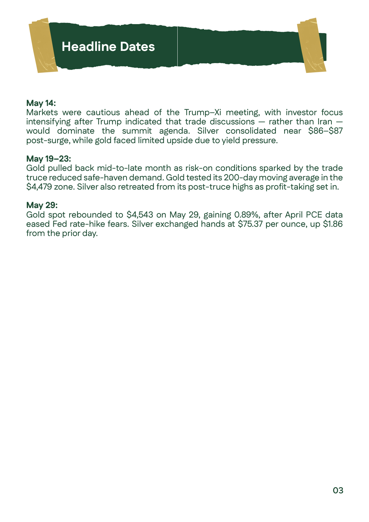 Major events during the second half of May 2026 and their impact on gold price movements, silver prices, inflation expectations, and safe-haven demand.