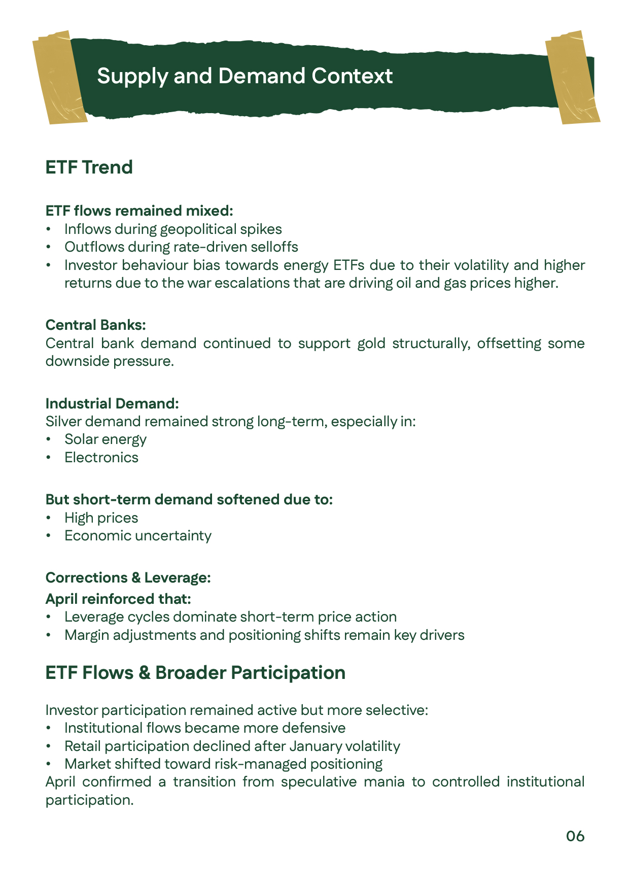 Supply and demand context slide showing ETF flows and industrial demand trends for gold and silver prices.