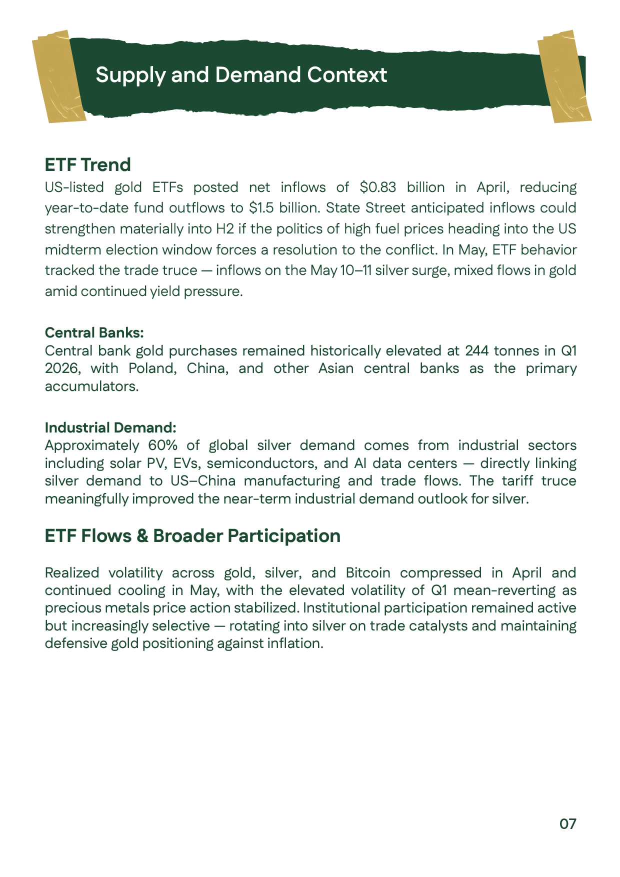 Supply and demand context for gold and silver prices during May 2026, including ETF flows, central bank accumulation, and industrial demand trends.