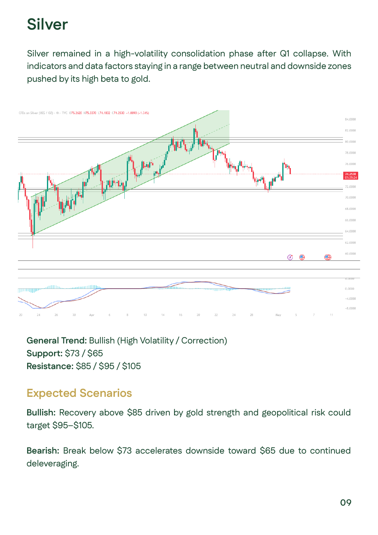 Silver technical analysis slide showing silver prices volatility with support at $73 and resistance at $95–$105.