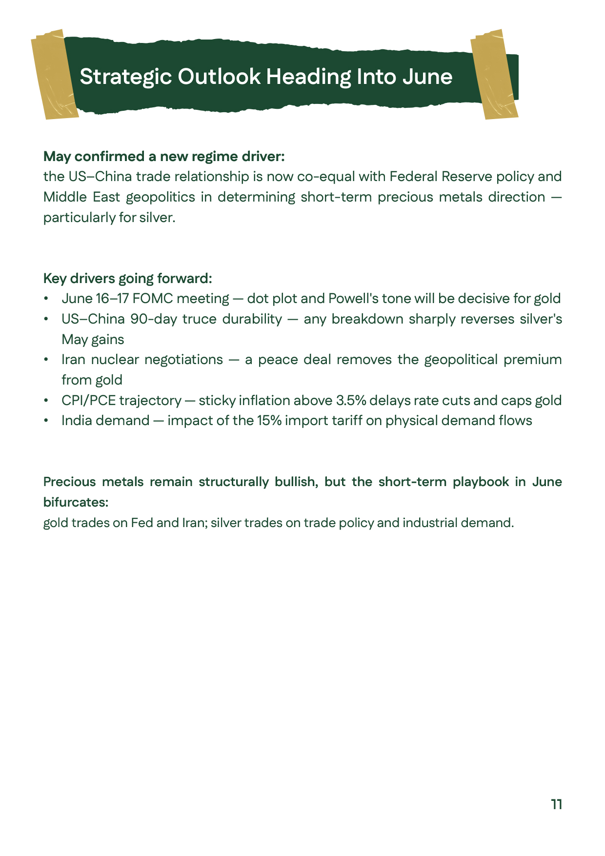Strategic outlook for precious metals heading into June 2026 and the Gold Indicator, focusing on Fed policy, trade developments, and market direction.