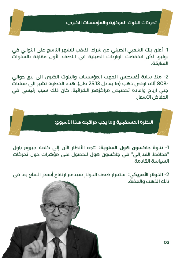 النظرة المستقبلية لأسعار الذهب والفضة في الأسبوع الثاني أغسطس 2025 مع متابعة كلمة جيروم باول في جاكسون هول وضعف الدولار