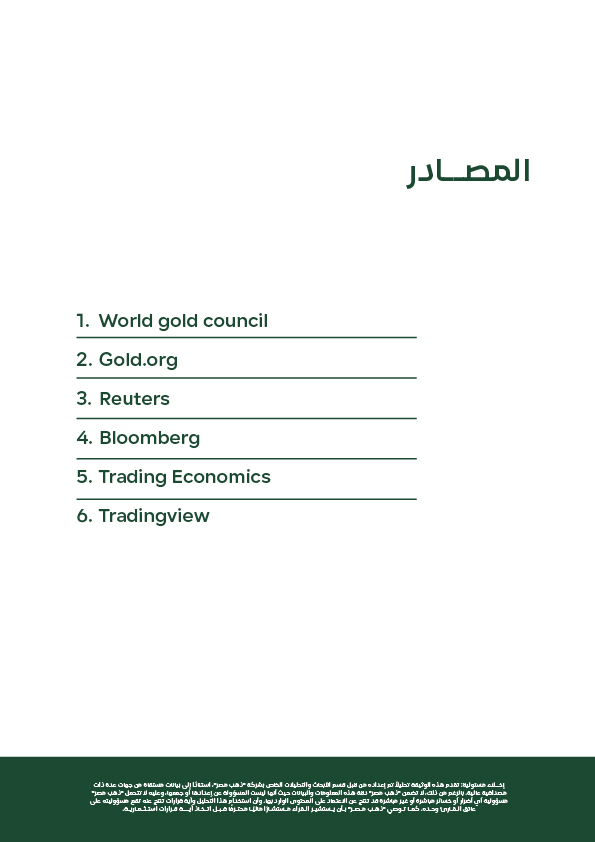 مصادر أسعار الذهب والفضة تشمل World Gold Council Bloomberg Reuters Trading Economics وموقع ذهب مصر
