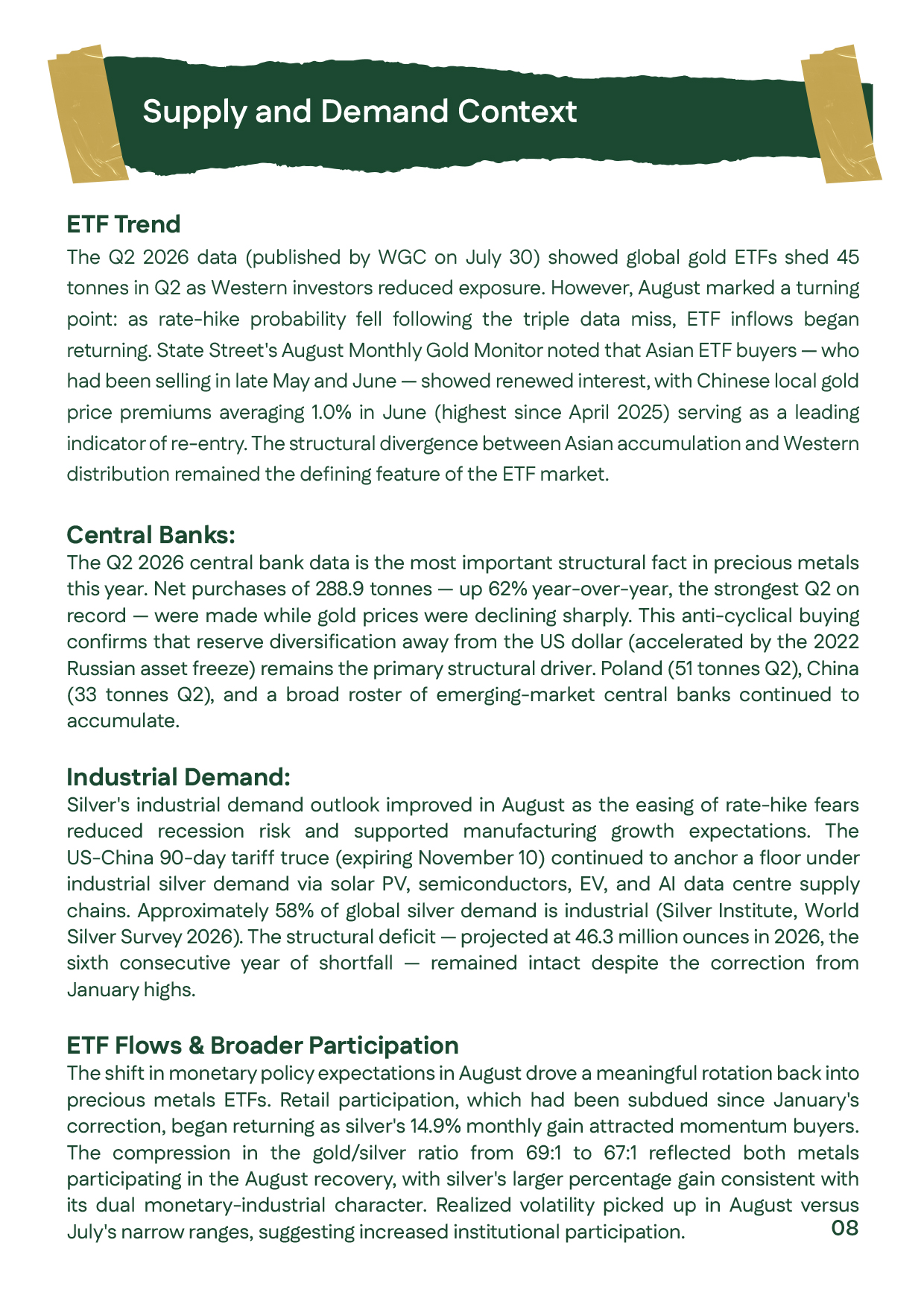 August 2026 supply-and-demand context covering gold ETFs, central-bank accumulation, industrial silver demand, and the projected structural silver deficit.