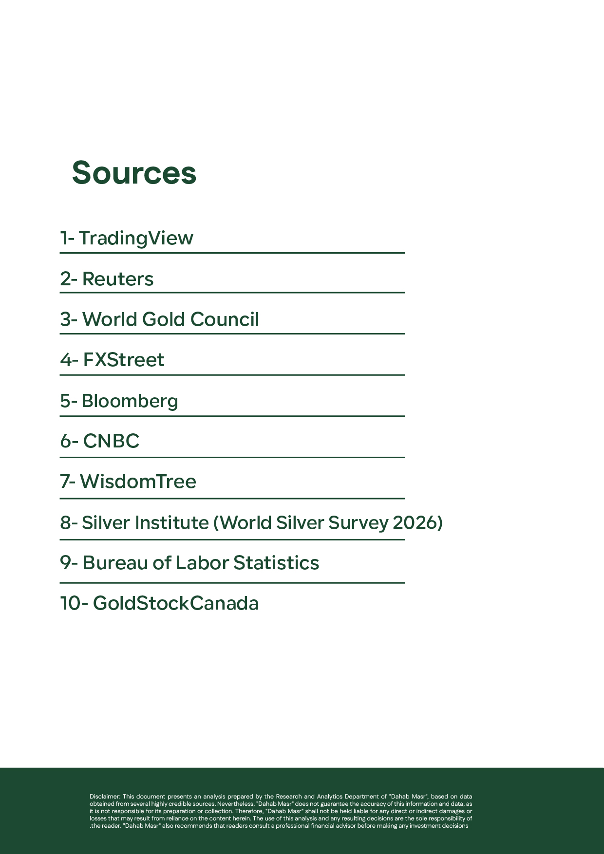August 2026 sources page listing TradingView, Reuters, World Gold Council, FXStreet, Bloomberg, CNBC, WisdomTree, Silver Institute, BLS, and GoldStockCanada.