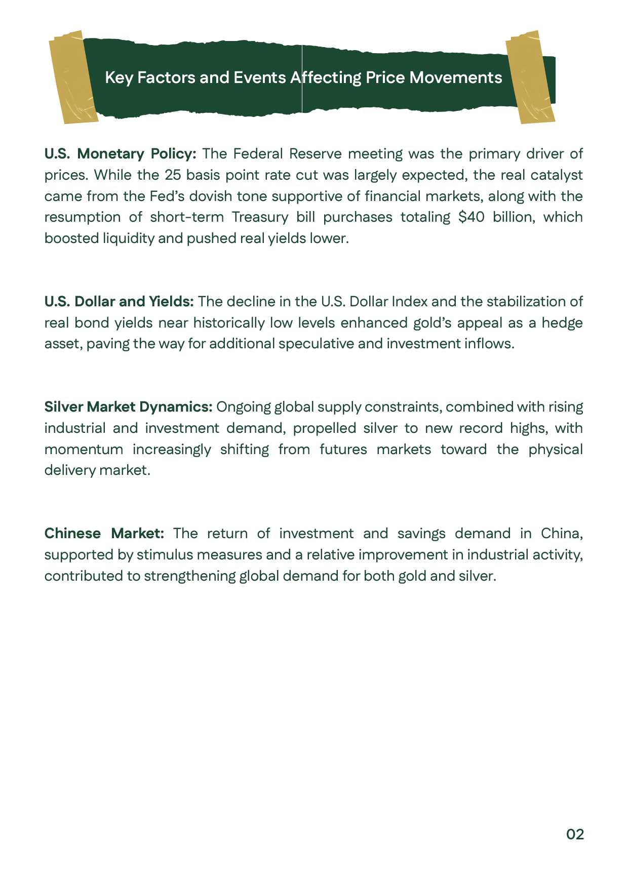 Page summarizing key drivers such as Fed rate cuts, dollar weakness, and renewed Chinese demand