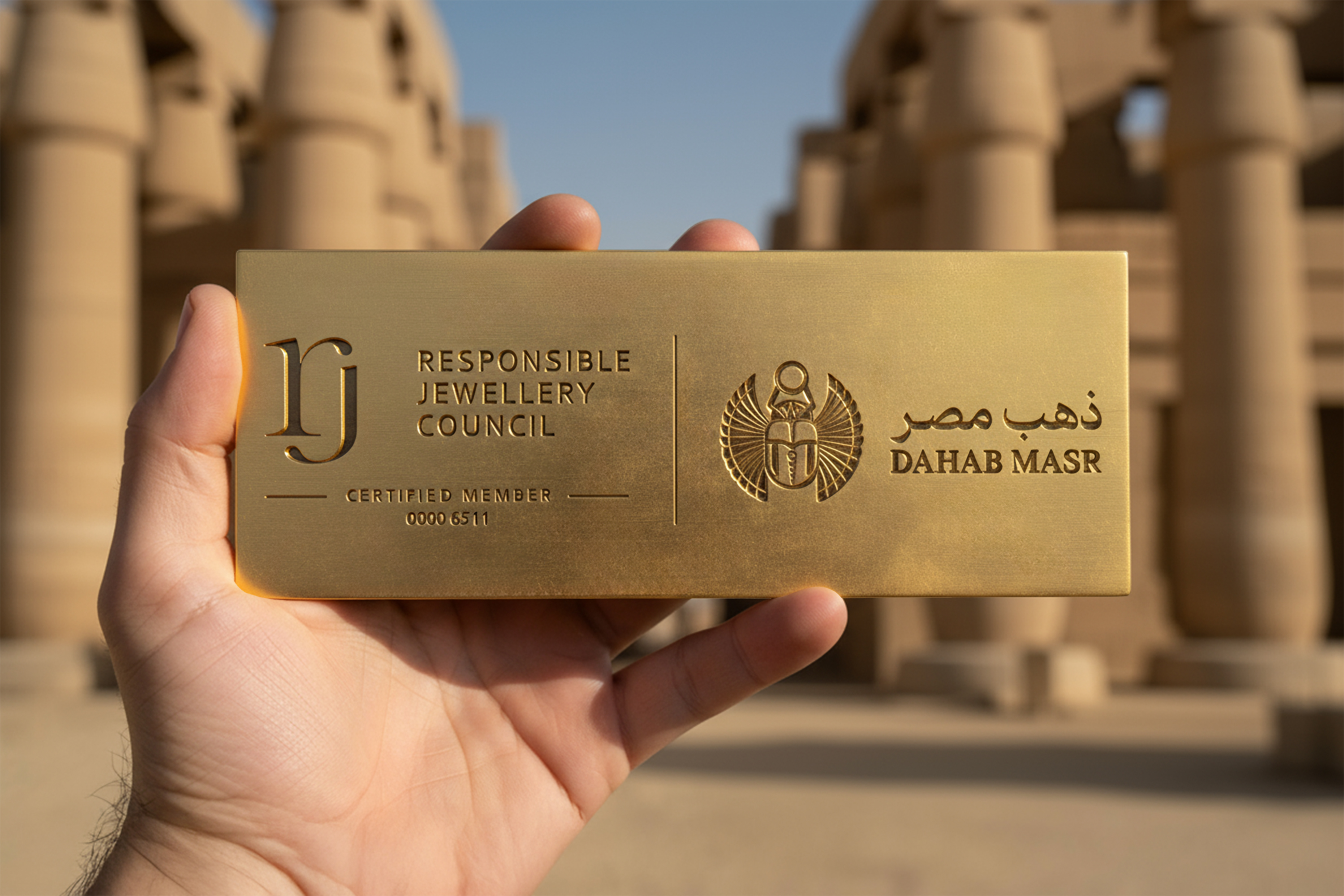 شخص يحمل لوحة ذهبية منقوش عليها شعار مجلس المجوهرات المسؤول (RJC) وشعار ذهب مصر، تعبيرًا عن حصول الشركة على الاعتماد كأول شركة لتجارة الذهب والفضة في شمال أفريقيا.