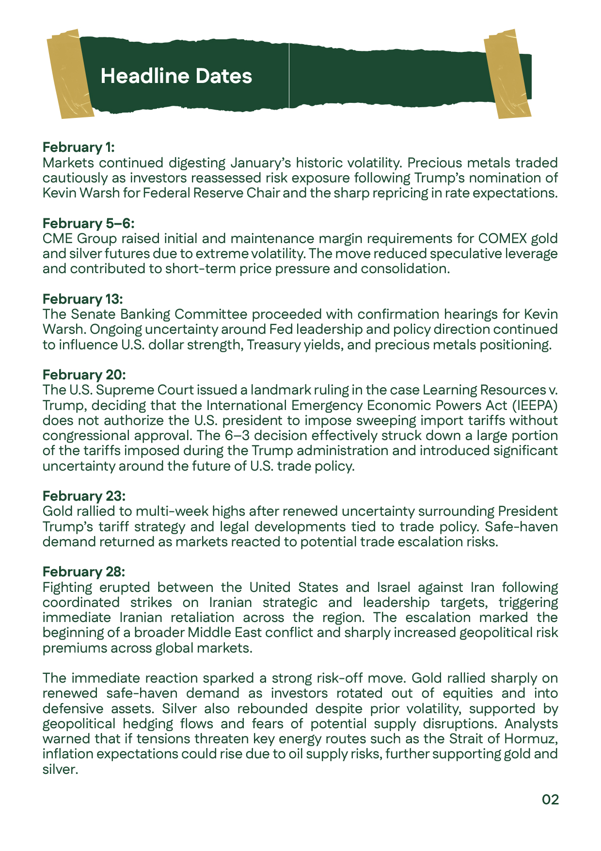 Key events affecting gold price in February 2026 including Fed policy expectations and geopolitical risks.