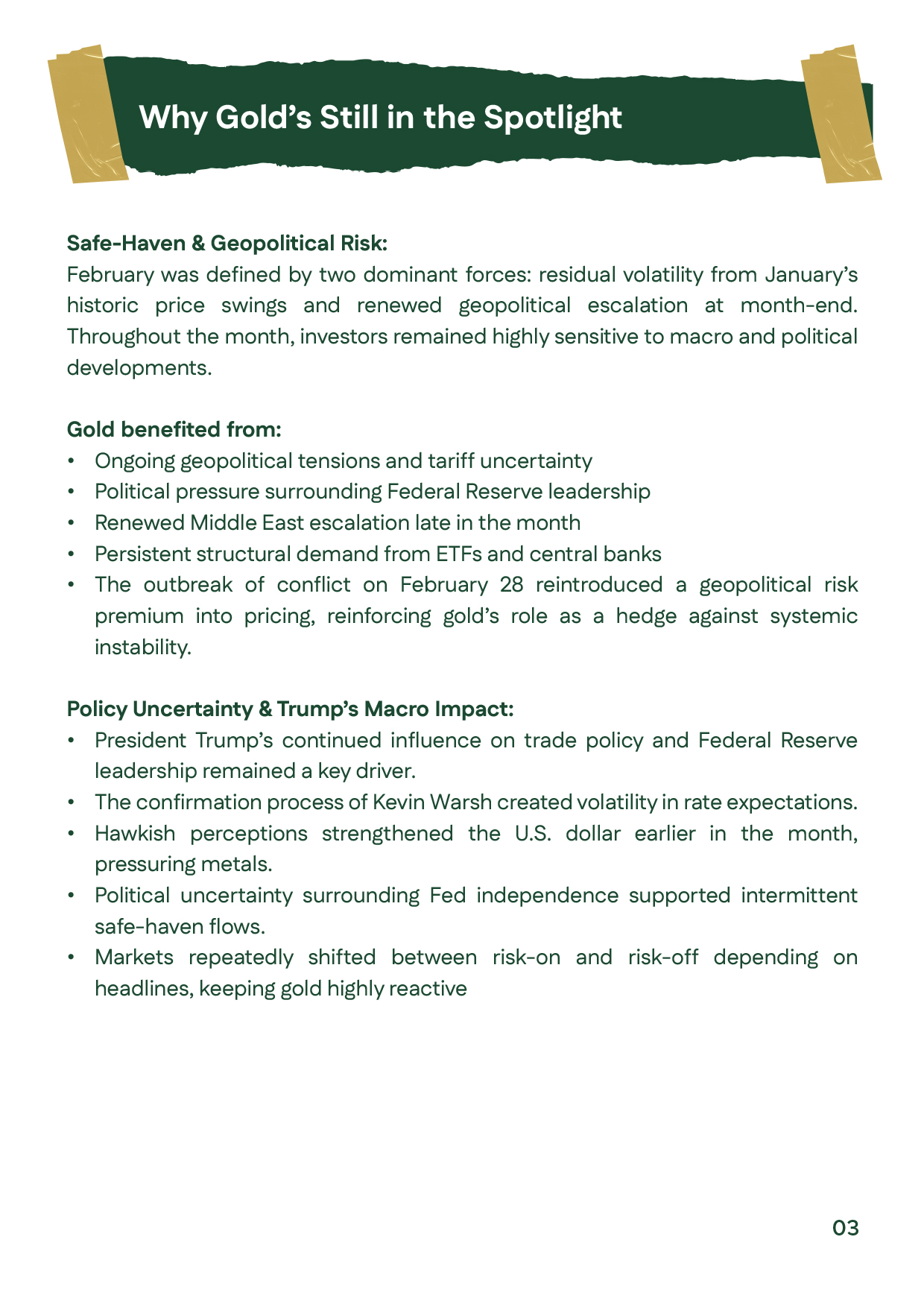 Slide explaining why gold prices remain in focus amid safe-haven demand and geopolitical tensions.