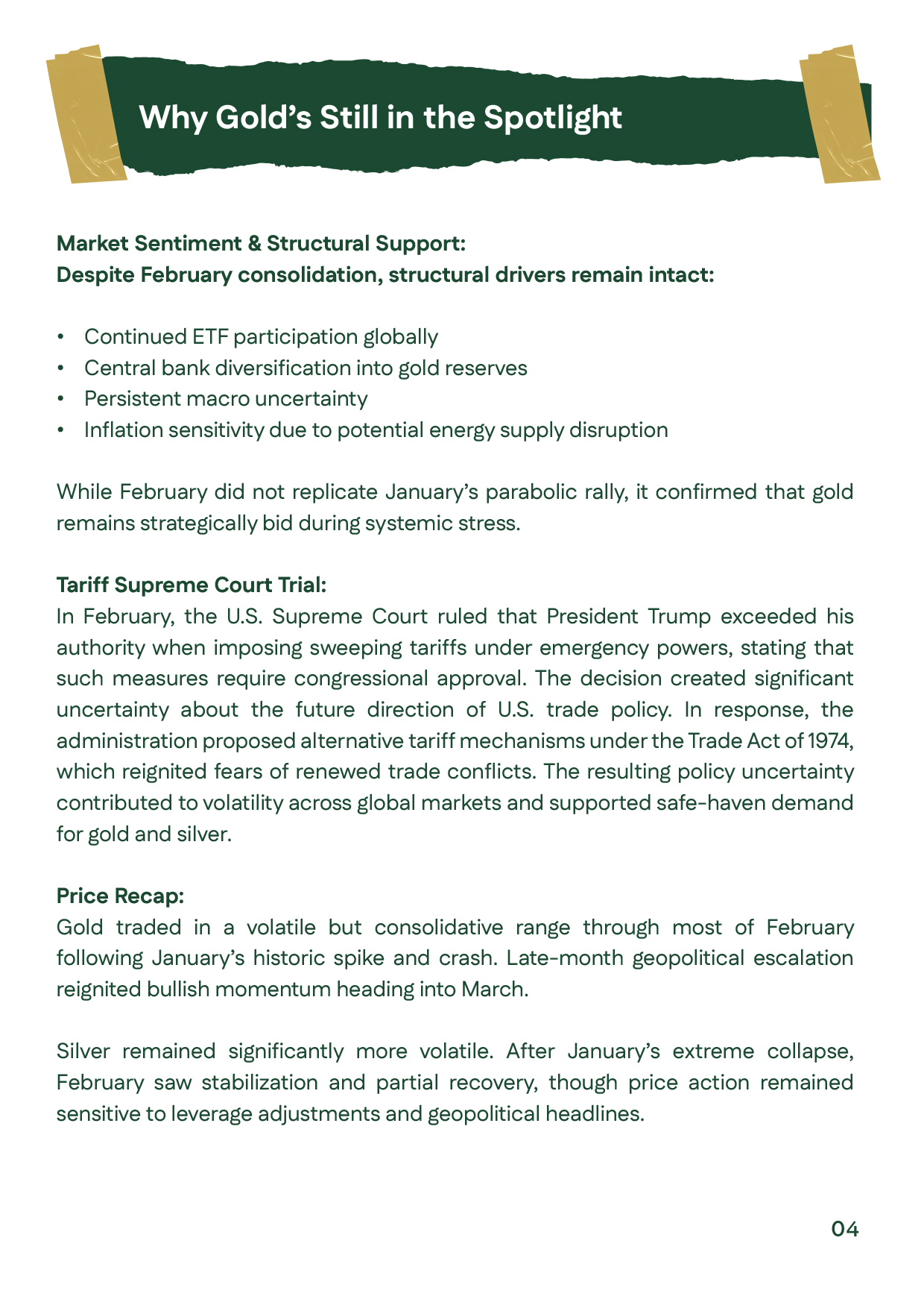 Market outlook slide summarizing gold prices movement and macroeconomic drivers in February 2026.