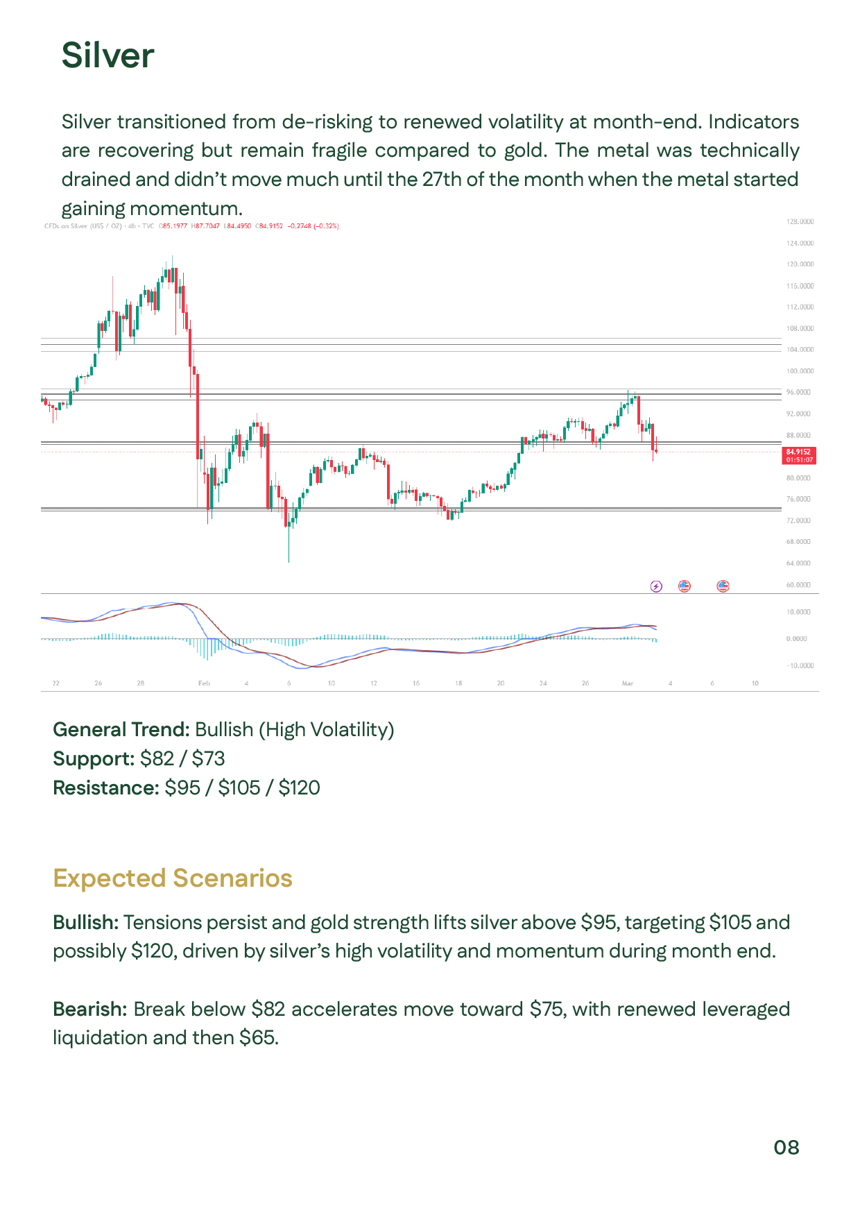 Silver technical analysis slide showing silver prices volatility with resistance levels at $95, $105 and $120.