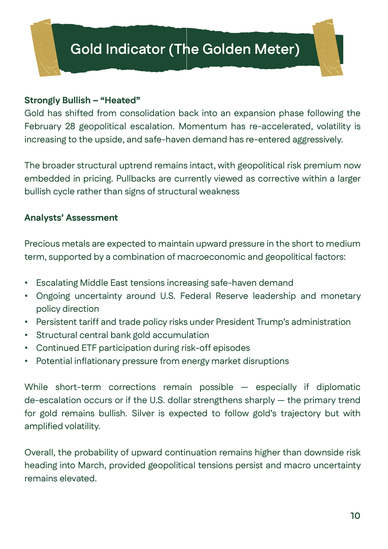 Gold Indicator slide presenting the bullish momentum of gold prices in February 2026.
