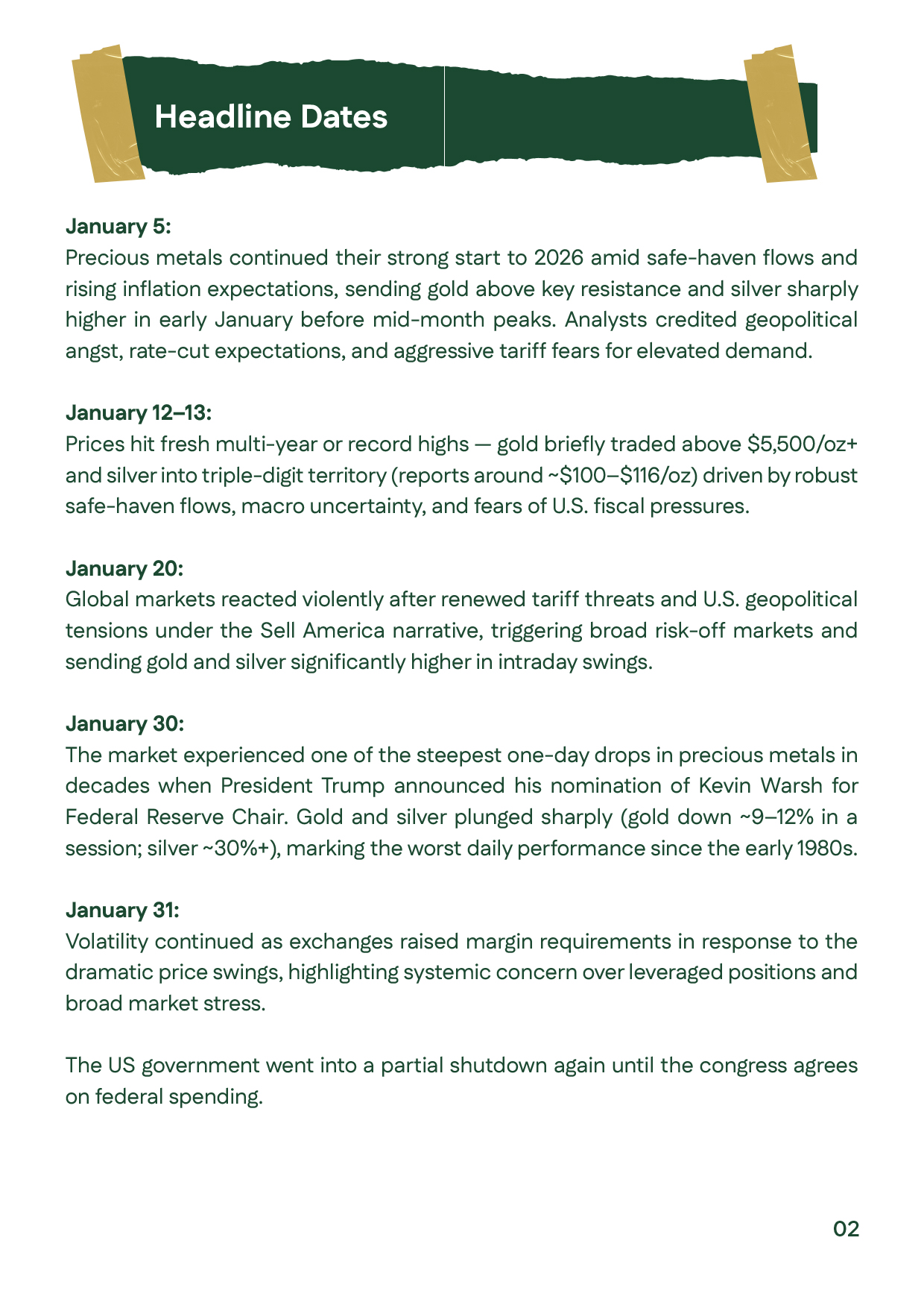 Slide outlining major January 2026 events such as geopolitical tensions, tariff threats, and the U.S. government shutdown impacting gold prices.
