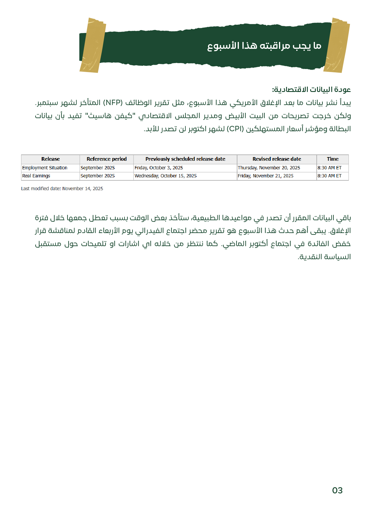 صفحة تحتوي على نقاط رئيسية للبيانات الاقتصادية المنتظرة مثل تقرير الوظائف ومحضر الفيدرالي، مع شرح تأثيرها المحتمل على أسعار الذهب."