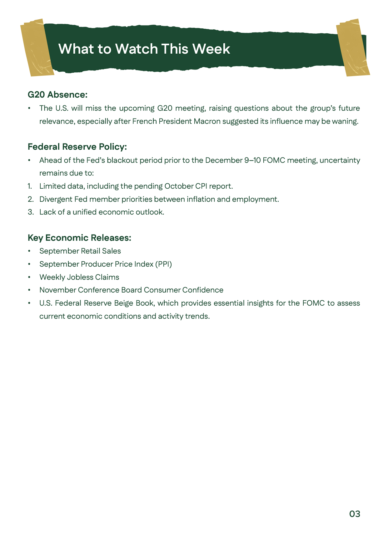 Page highlighting key upcoming events including retail sales, PPI, jobless claims, and consumer confidence indicators.