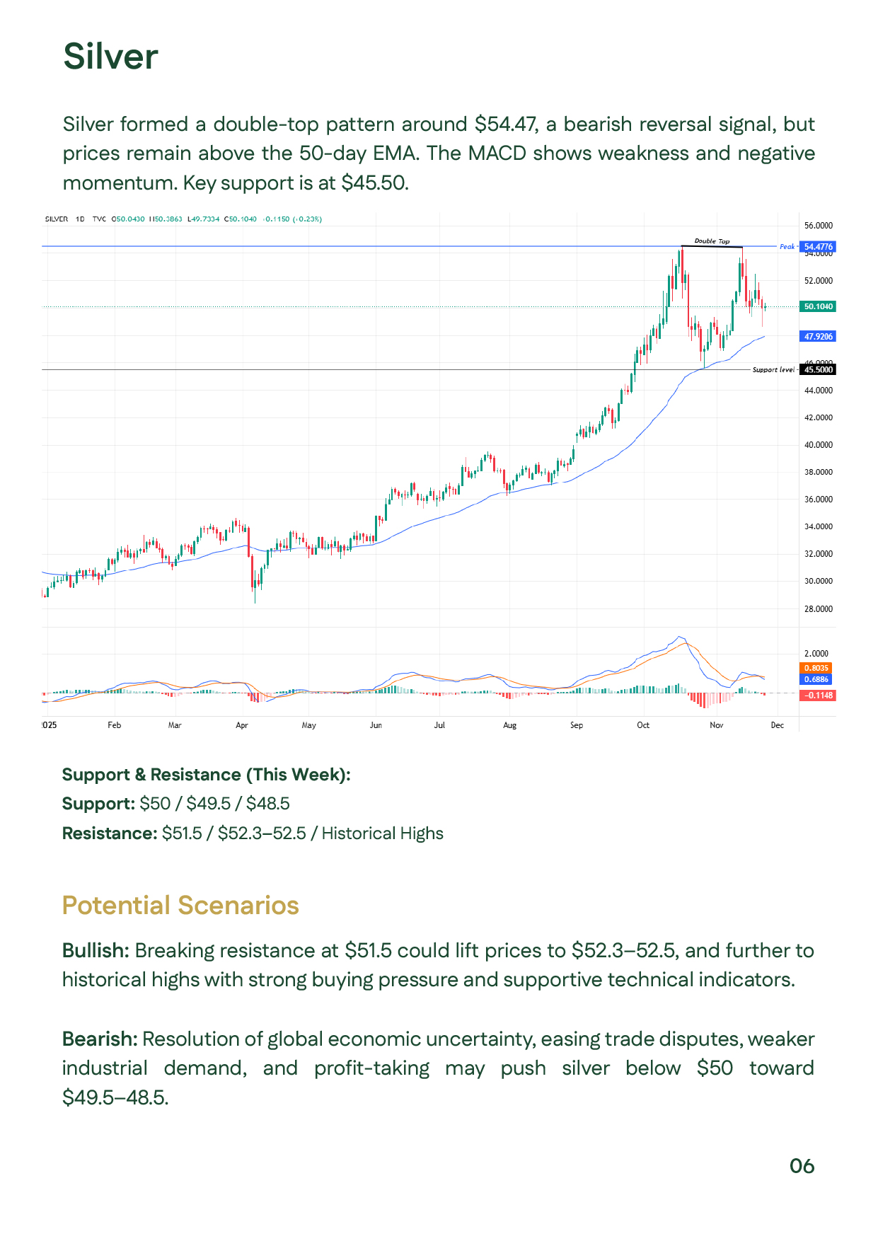Page showing a technical chart of global silver with analysis of a double-top pattern and weekly support/resistance levels.