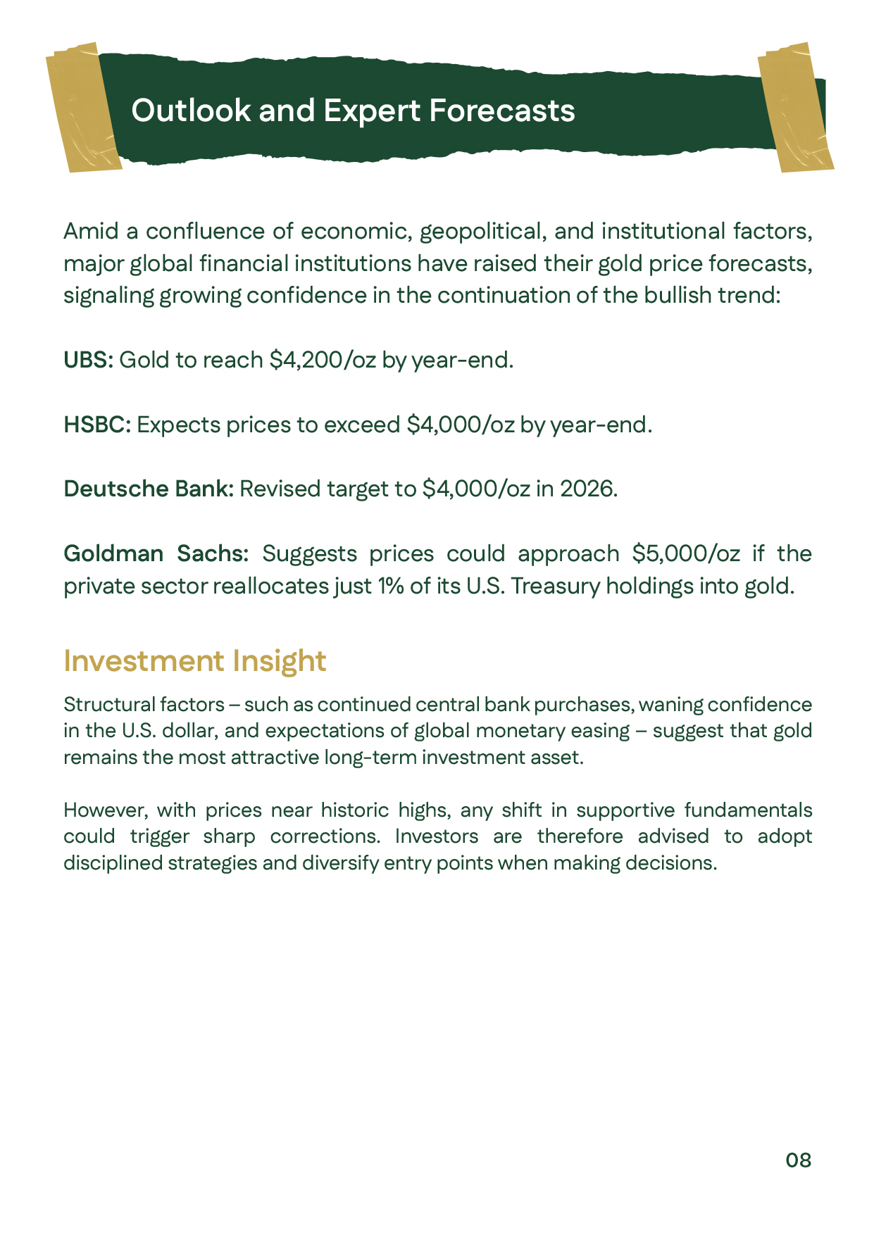 Slide presenting experts’ forecasts for Week 1 – October 2025 from UBS, HSBC, Deutsche Bank, and Goldman Sachs predicting gold could exceed $4,000 per ounce.
