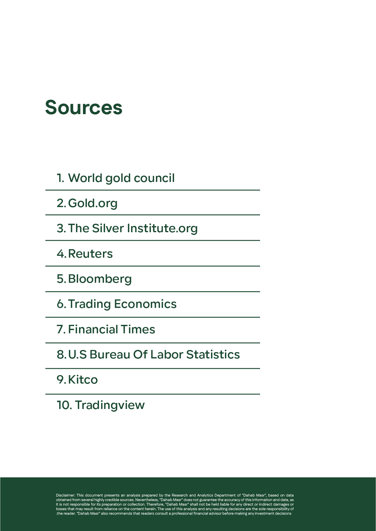 Closing slide listing all data sources for the Week 1 – October 2025 report, including World Gold Council, Bloomberg, Reuters, Kitco, and Dahab Masr official site.
