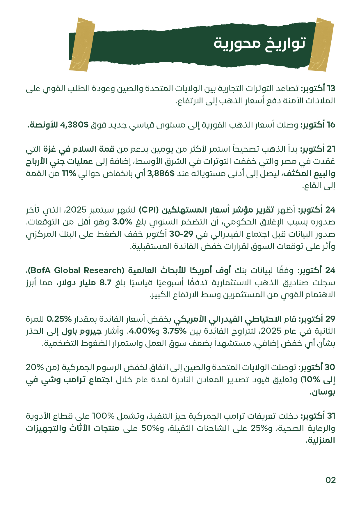 شريحة توثق الأحداث الاقتصادية المؤثرة خلال أكتوبر 2025، منها خفض الفائدة الأمريكية، واتفاق التجارة بين أمريكا والصين، وتأثير قمة غزة على أسعار الذهب والفضة.