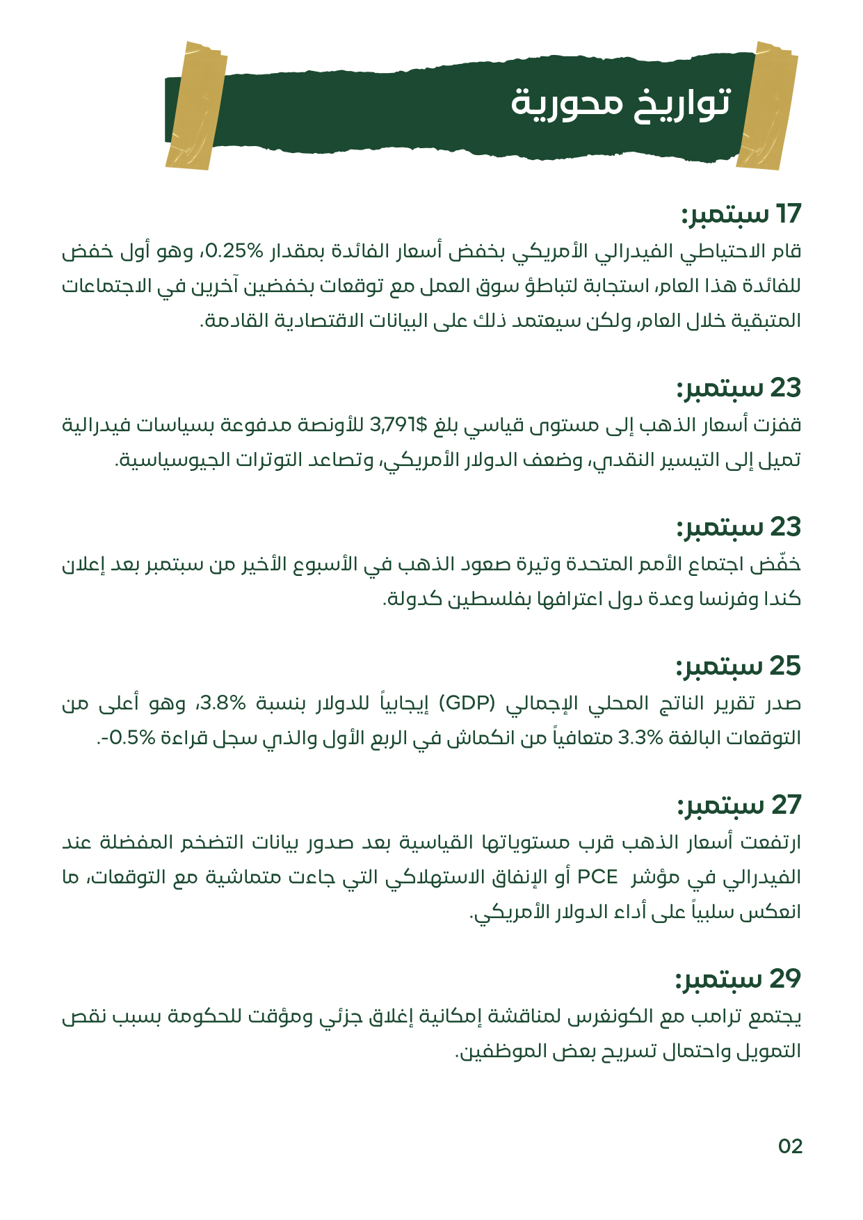 ملخص زمني لأهم الأحداث الاقتصادية في سبتمبر 2025: خفض الفيدرالي للفائدة 0.25%، صعود الذهب لمستويات قياسية $3,791، اعتراف دول بفلسطين، بيانات نمو الناتج المحلي، بيانات التضخم PCE، ومناقشات الكونغرس حول إغلاق حكومي محتمل.