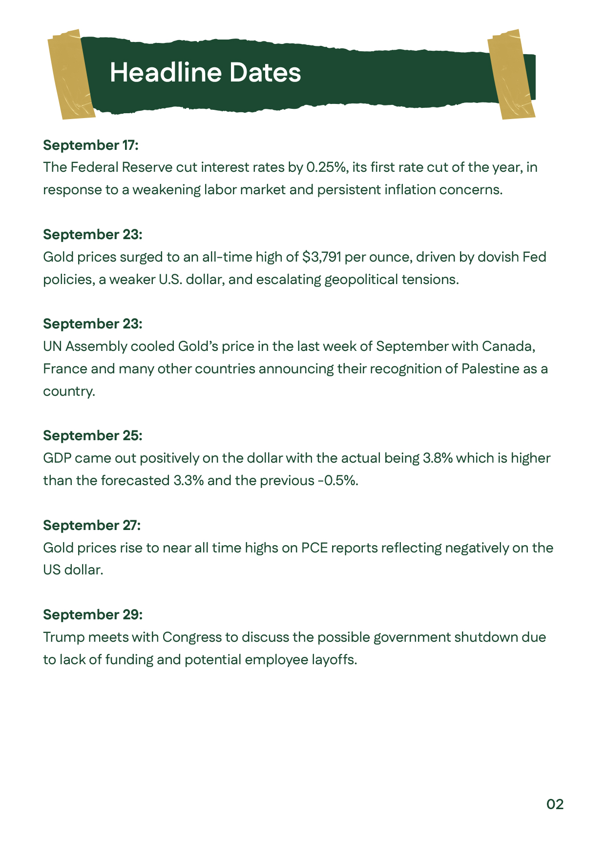 English: Key September 2025 events: Fed&rsquo;s 0.25% rate cut, gold hitting $3,791, UN recognition of Palestine, US GDP data, PCE inflation, and US Congress talks on possible shutdown.