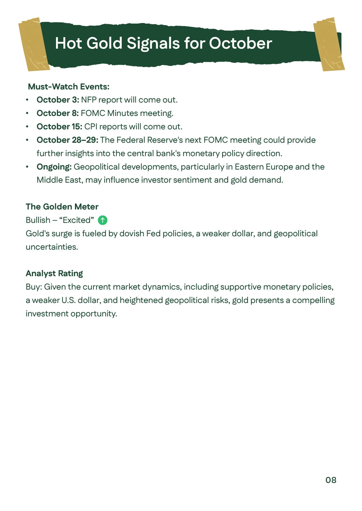 English: Calendar of key October 2025 events: US jobs report Oct 3, FOMC minutes Oct 8, CPI Oct 15, Fed rate meeting Oct 28&ndash;29, and ongoing geopolitical tensions.