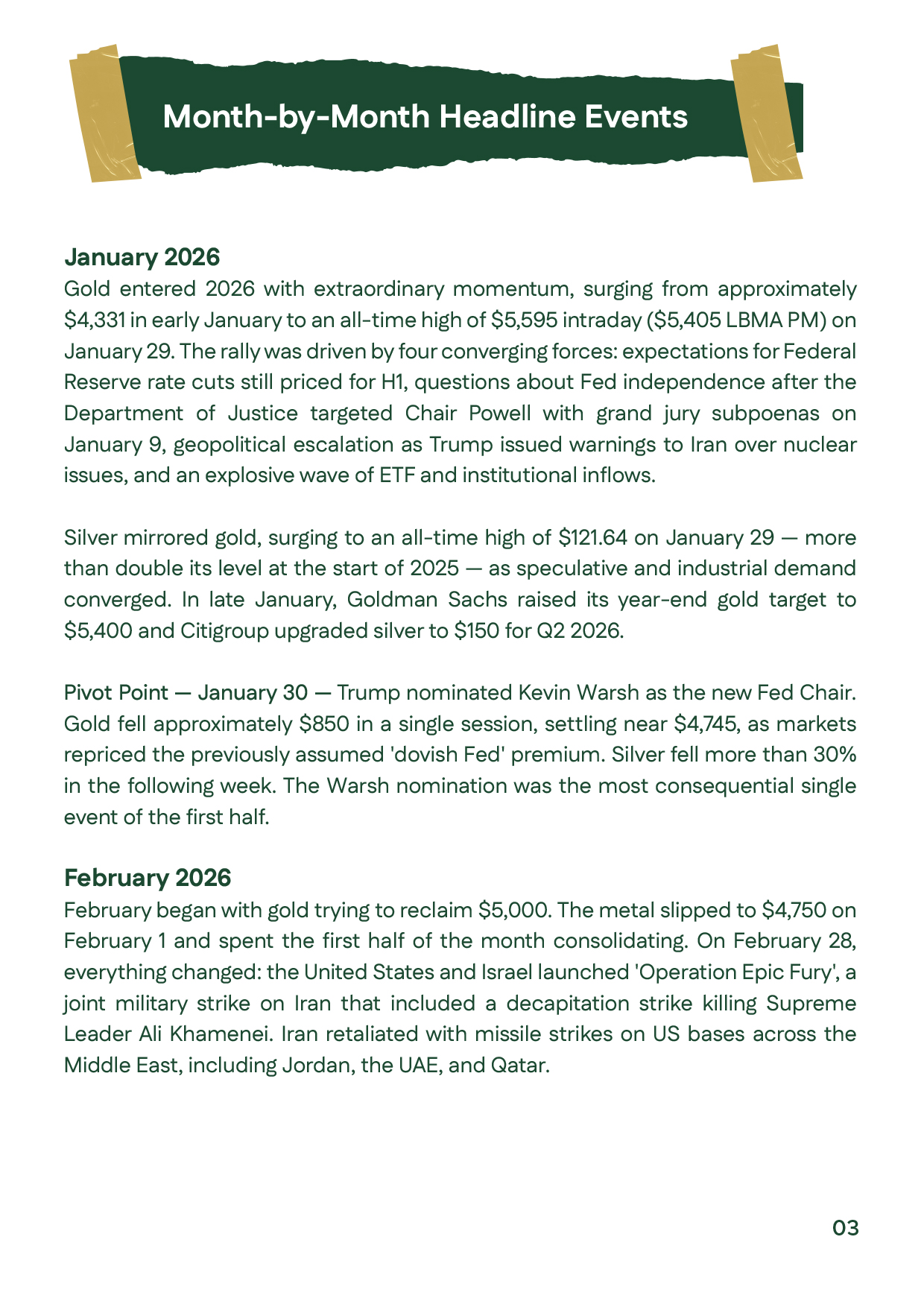 Gold prices analysis for January and February 2026, explaining gold's record rally above $5,595, silver's historic surge, the Fed leadership change, and geopolitical events that influenced precious metals markets.