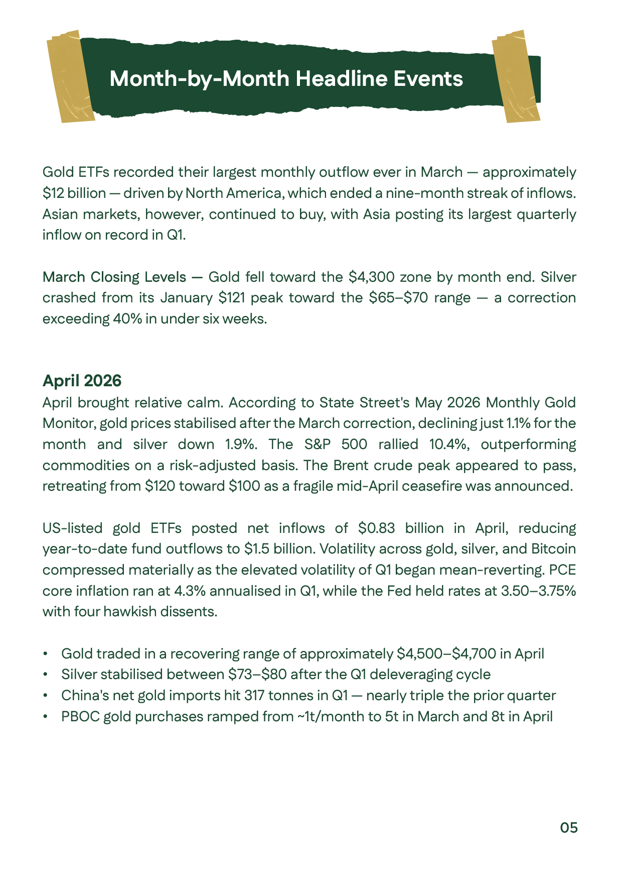 Gold prices analysis for April 2026, highlighting market stabilization after the March correction, recovering ETF inflows, gold trading between $4,500–$4,700, silver stabilizing between $73–$80 per ounce, and increased central bank gold purchases.