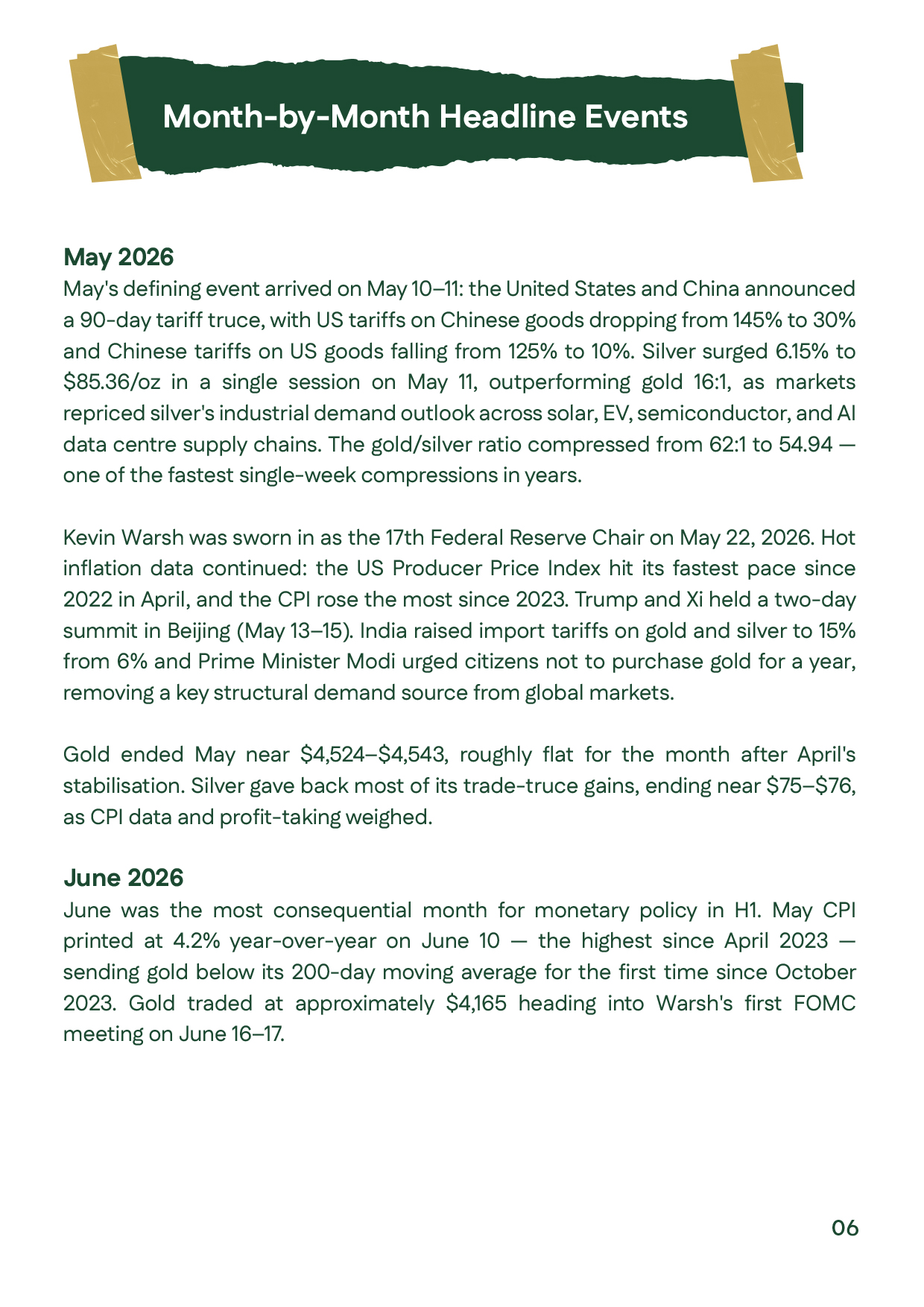 Gold and silver prices analysis for May 2026, highlighting the US–China tariff truce, stronger industrial demand expectations, China's gold purchases, and their impact on precious metals prices.