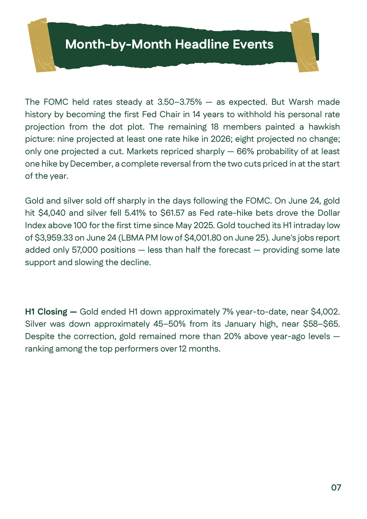 Gold prices analysis for June 2026, explaining the Federal Reserve meeting, higher inflation, interest rate expectations, and the sharp decline in gold and silver prices toward the end of the First Half of 2026.