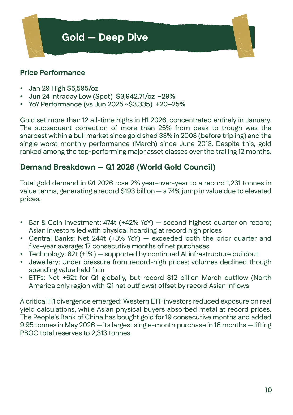 Gold prices analysis for the First Half of 2026, covering price performance, central bank demand, ETF flows, global investment trends, and the key drivers behind gold market performance.