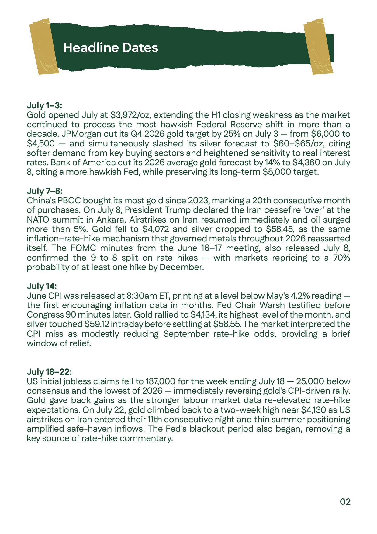 Gold prices analysis for July 1–22, 2026, covering Fed policy, inflation and Iran tensions, with gold reaching $4,134.