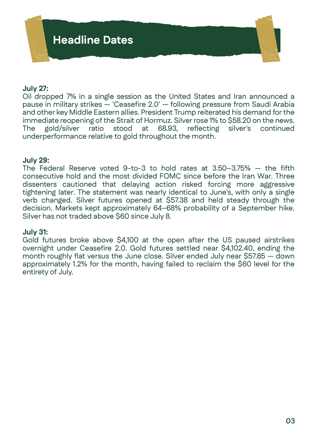 Gold price and silver prices analysis for July 27–31, 2026, with Fed rates held at 3.50–3.75% and gold ending near $4,050.