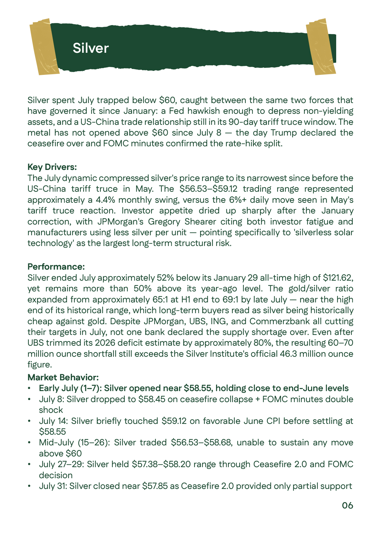 Silver prices performance in July 2026, trading between $56.53 and $59.12 before ending near $57.85.