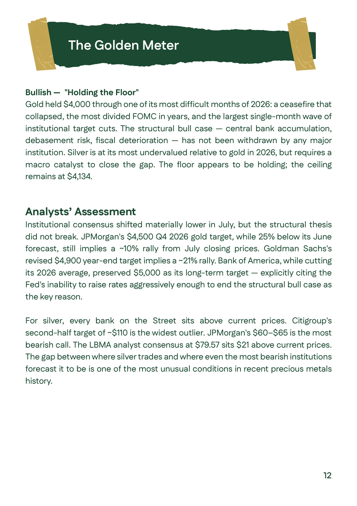 July 2026 Golden Meter gold prices analysis, highlighting gold holding the $4,000 structural floor and a $4,134 ceiling and Analysts’ gold price and silver prices assessment for July 2026, including institutional targets for precious metals.